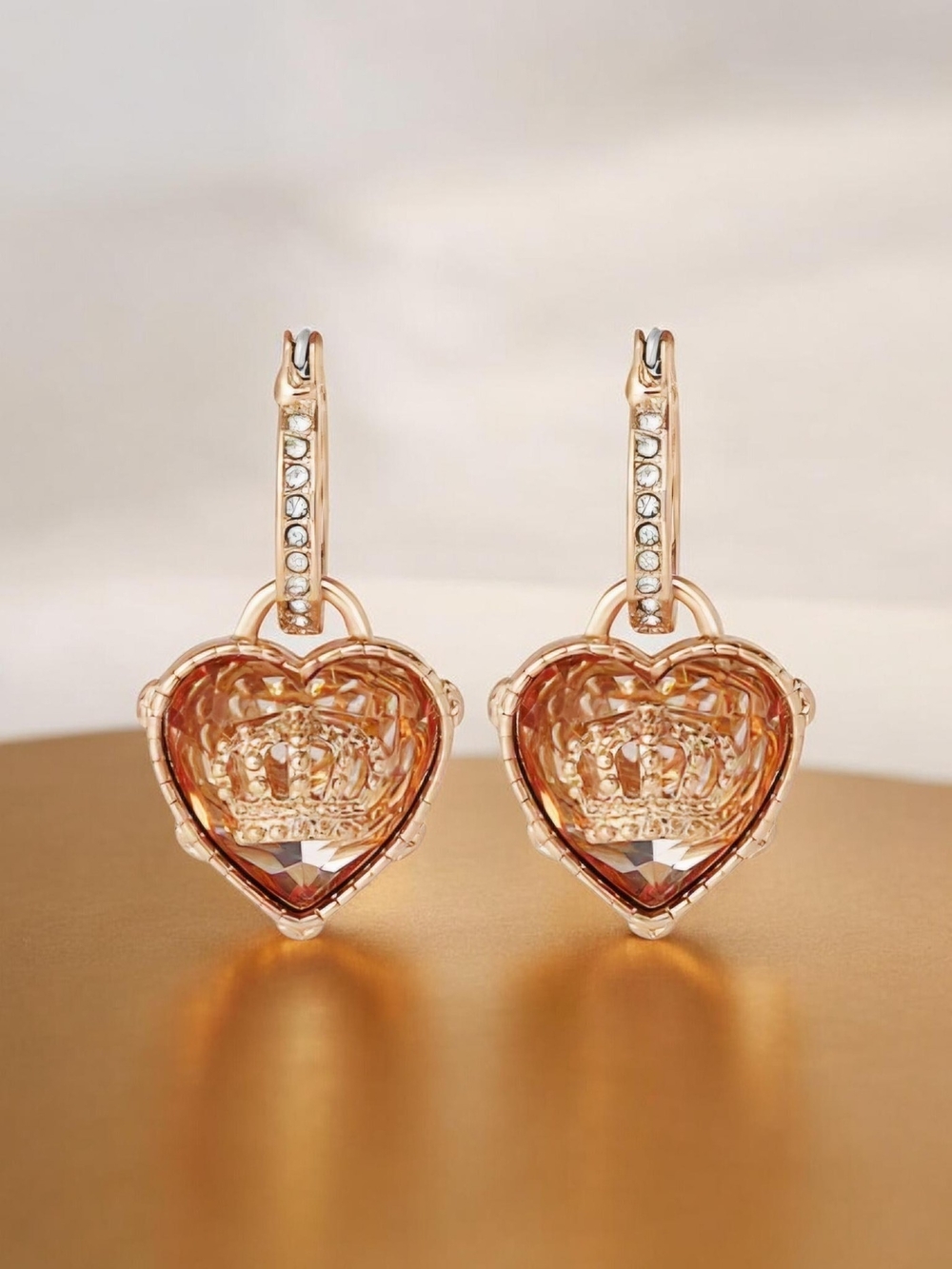 NEW Juicy Couture Gold Tone Charm Womens Crystal Crown Heart Hoop Earrings NWT